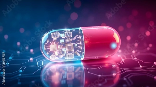 Obraz A 3d render of a smart pill capsule glowing with embedded microchips, advanced drug delivery systems