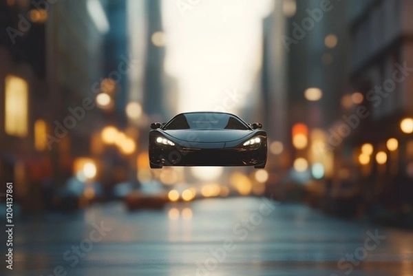 Fototapeta Flying car over the city. A surreal futuristic idea with ai technology.