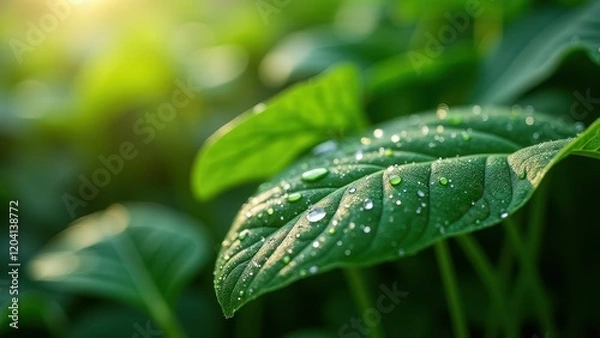 Fototapeta Close-Up of Vibrant Green Leaf with Dew in Morning Light

