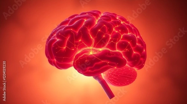 Fototapeta A glowing digital representation of a brain inflamed with neural pathways disrupted by viral activity