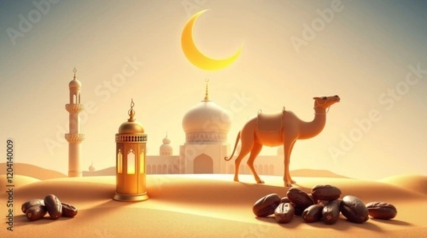 Fototapeta 3D rendering. The scene depicts a modern Islamic banner for Ramadan, Eid al-Fitr, and Eid al-Adha. A detailed mosque, lantern, crescent moon, camel, and dates are featured. Profe 