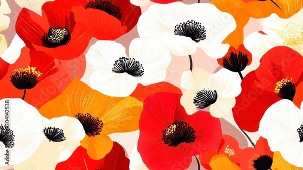 Fototapeta Vibrant Poppy Garden, bold red and orange poppies create a lively, seamless pattern perfect for textiles and wallpapers.