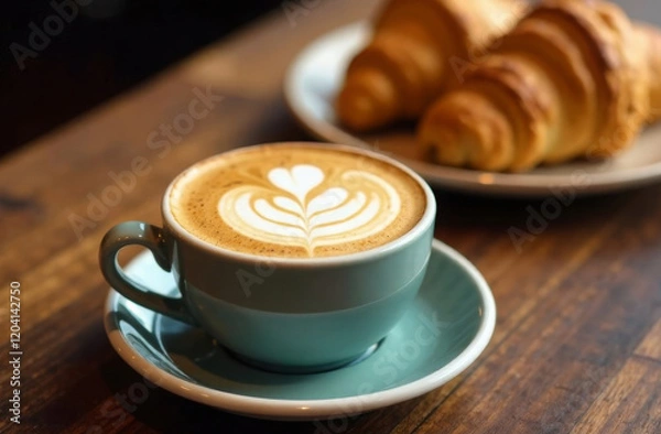 Obraz A freshly baked croissant and a cup of cappuccino on a wooden table in a cafe against the background of the city illuminated by warm sunlight. Morning breakfast in a cafe