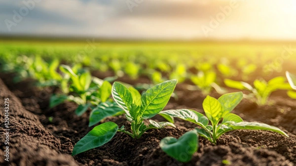 Fototapeta Fresh green plants growing in fertile soil under sunlight, symbolizing growth and agriculture