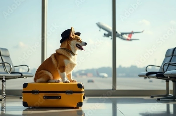 Obraz Corgi dog sitting on yellow suitcase. Background airport lounge with window in background. Airplane going for landing outside window. Travel concept
