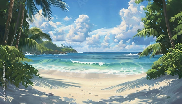 Fototapeta Palm tree on tropical beach with blue sky and white clouds abstract background