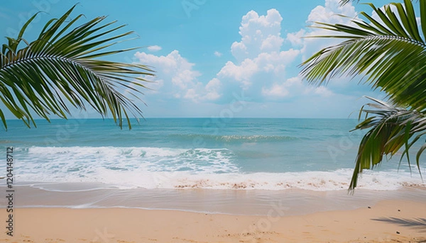 Fototapeta Palm tree on tropical beach with blue sky and white clouds abstract background