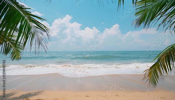 Fototapeta Palm tree on tropical beach with blue sky and white clouds abstract background