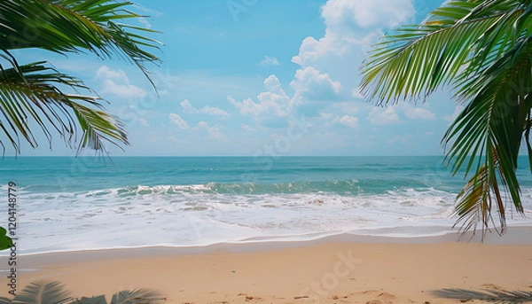 Fototapeta Palm tree on tropical beach with blue sky and white clouds abstract background
