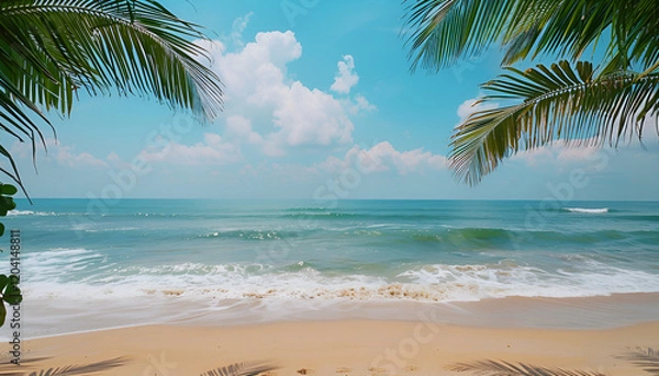 Fototapeta Palm tree on tropical beach with blue sky and white clouds abstract background