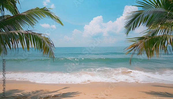 Fototapeta Palm tree on tropical beach with blue sky and white clouds abstract background