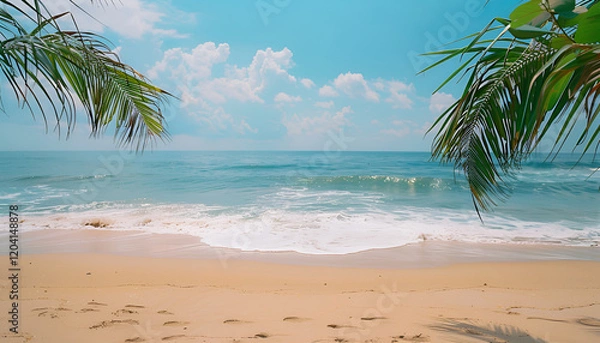 Fototapeta Palm tree on tropical beach with blue sky and white clouds abstract background