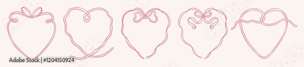 Fototapeta Set of romantic vintage ribbon heart frame with coquette bow. Wedding, valentines day line design. Hand drawn victorian style vector illustration