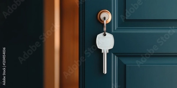 Obraz Modern door lock with keys hanging for secure home access