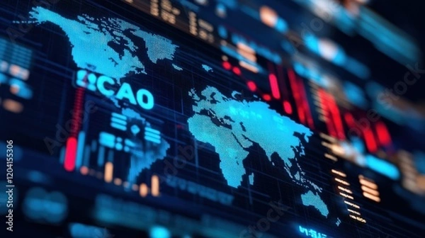 Obraz Global Data Visualization:  World Map with Real-time Information and  ICAO Acronym Displayed