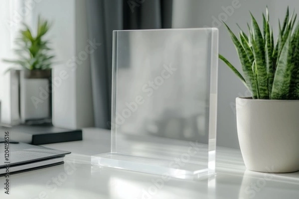 Obraz Clear acrylic display stand with potted plant on modern workspace table in bright room featuring natural light
