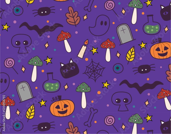 Fototapeta Halloween seamless pattern with elements and purple background, vector illustration. 