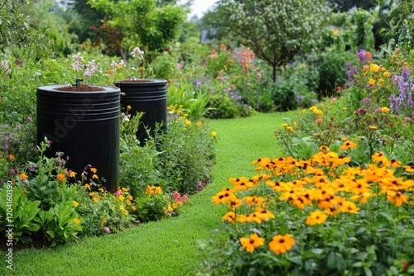 Fototapeta A lush garden with various water conservation techniques such as rain barrels, drip irrigation, and mulching displayed. The garden is vibrant with greenery and flowers.