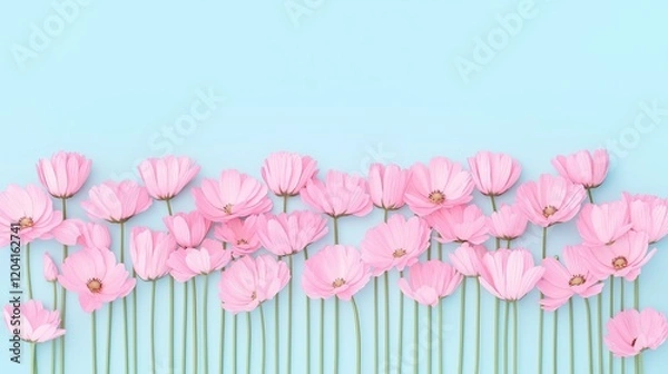 Fototapeta A vibrant display of delicate pink flowers standing tall against a serene light blue background. Spring awakening concept with copy space.