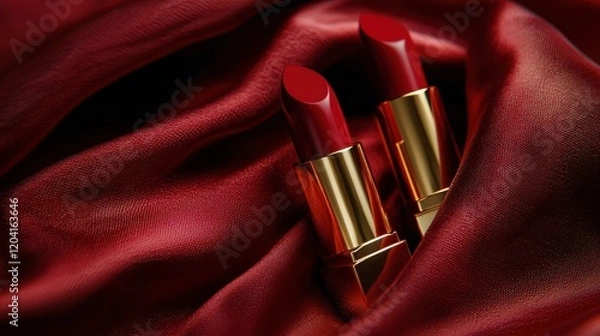 Obraz Luxurious Red Lipsticks on Silky Crimson Fabric Background