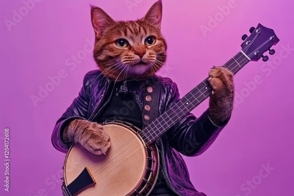 Fototapeta Cat playing banjo in leather jacket