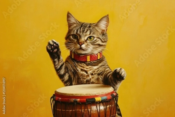 Fototapeta Tabby Cat Playing Djembe Drum