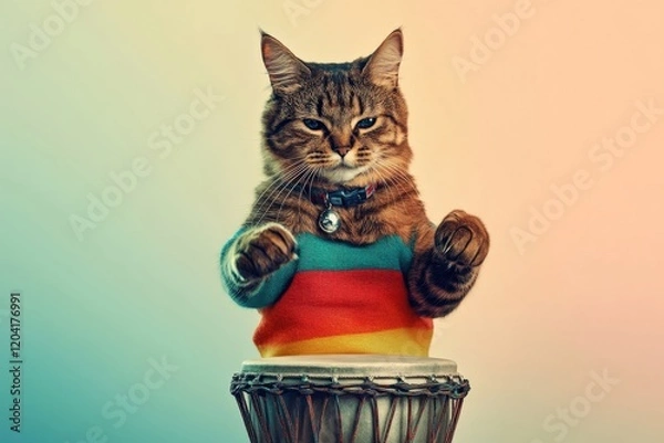 Fototapeta Cat Playing Djembe Drum