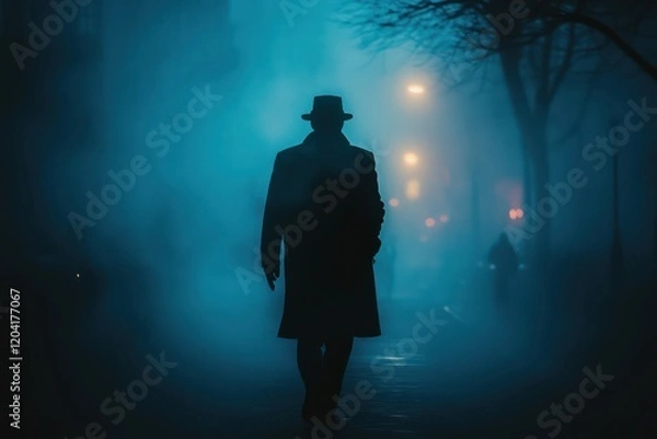 Fototapeta A mysterious detective solving a case in a foggy city.