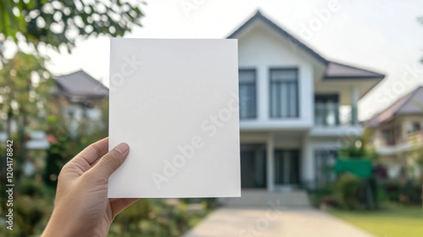 Fototapeta Blank Card in Front of House: A hand holds a blank white card, showcasing its potential for marketing or design projects, with a beautiful suburban house subtly blurred in the background.  