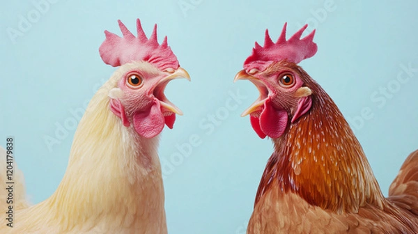 Fototapeta Chicken Squabble: A humorous portrait of two chickens, a white one and a brown one, locked in a heated argument.  The expressions on their faces are comical.