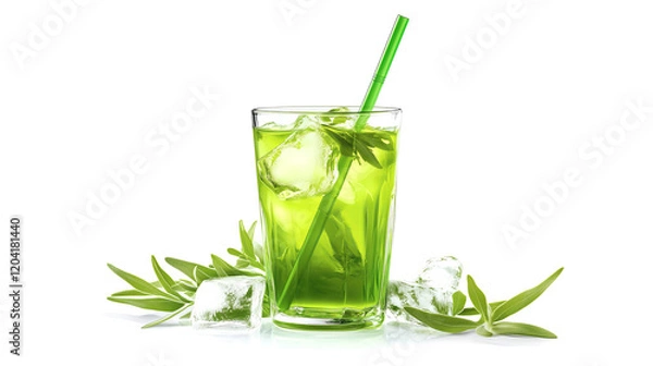 Fototapeta glass of green tarragon juice with ice cubes isolated on white background	