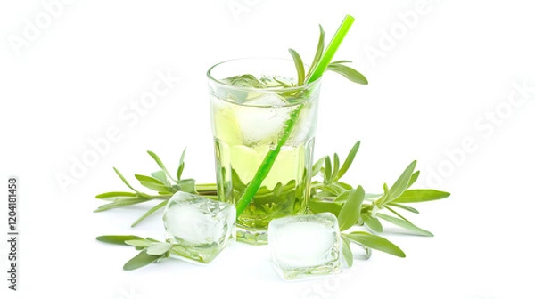 Fototapeta glass of green tarragon juice with ice cubes isolated on white background	