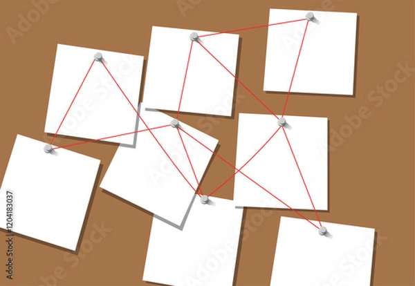 Fototapeta Realistic 3d Detailed Investigation Board or Detective Map with Pinned Paper and Note. Vector illustration of Plan Work