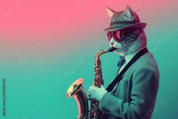 Fototapeta Cat Playing Saxophone in Suit