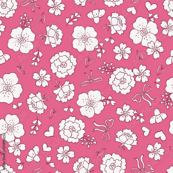Fototapeta Seamless pattern with flowers, bows and ribbons. Digital paper in modern vintage coquette style for textile, fabric, wallpaper, scrapbook, card templates
