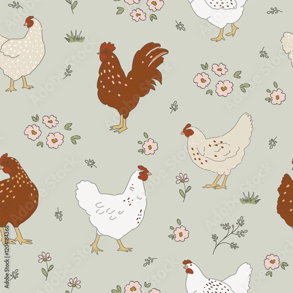 Fototapeta Chicken hand drawn clipart, seamless pattern with chicken birds, cottagecore country life style repeating vector background