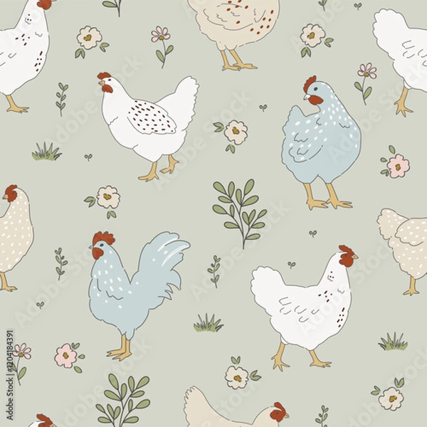 Fototapeta Chicken hand drawn clipart, seamless pattern with chicken birds, cottagecore country life style repeating vector background