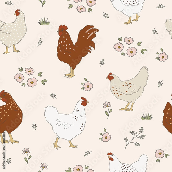 Fototapeta Chicken hand drawn clipart, seamless pattern with chicken birds, cottagecore country life style repeating vector background