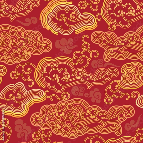 Fototapeta Seamless chinese pattern with clouds.  Red and gold template symbols. Ethnic ornament.  Trendy print for design. Vector clipart. 