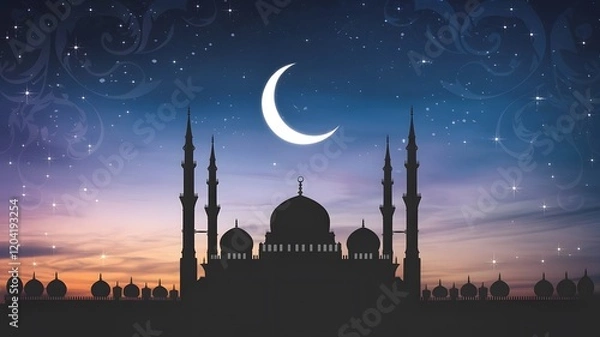 Obraz Silhouette of a Mosque at Sunrise/Sunset with Crescent Moon.