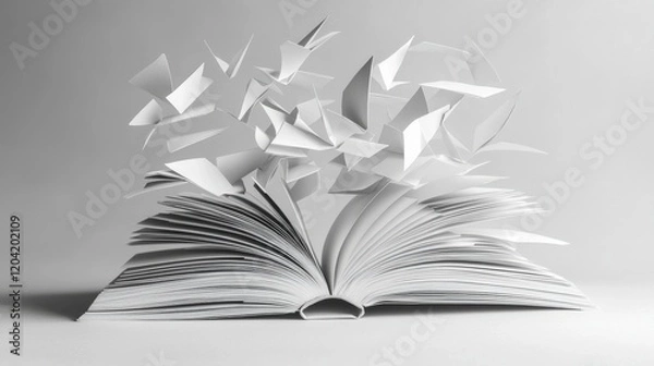 Fototapeta Open Book with Pages Turning and Paper Cutouts Flying in Air