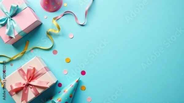 Fototapeta Pastel Presents, Party Hats, and Festive Ribbons on a Light Blue Background A Joyful Celebration