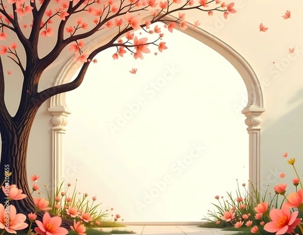 Fototapeta Royal Indian Arch Watercolor illustration floral, tree Indian garden invitation design template background with space for text, template, invitation for wedding, engagement and events, board design