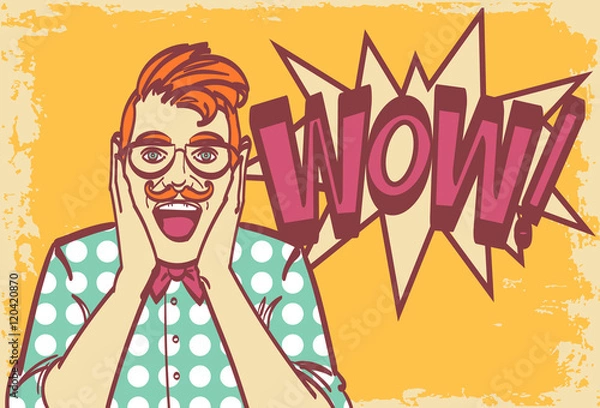 Fototapeta Isolated male with surprise expression on his face. Hipster wow face drawing