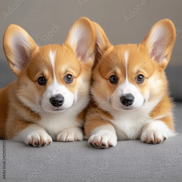 Fototapeta Adorable pembroke welsh corgi puppies resting together on a gray sofa