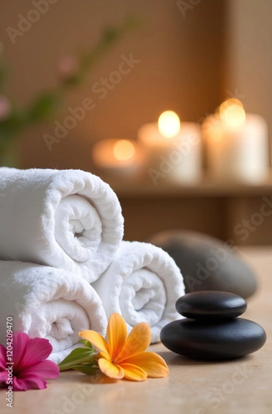 Obraz A composition of soft white towels and burning candles, as an illustration of relaxation in a spa center, relaxation and restoration of health after a massage