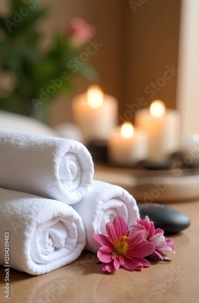 Obraz A composition of soft white towels and burning candles, as an illustration of relaxation in a spa center, relaxation and restoration of health after a massage