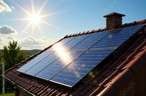 Obraz solar panel installed on a rooftop, gleaming under the bright rays of the sun