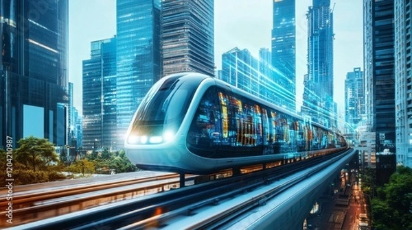 Obraz A futuristic monorail gliding through a high-tech city with skyscrapers and holograms