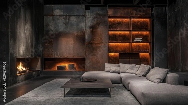 Fototapeta Sofa by a fireplace in a room, backlit shelves, background, for display
